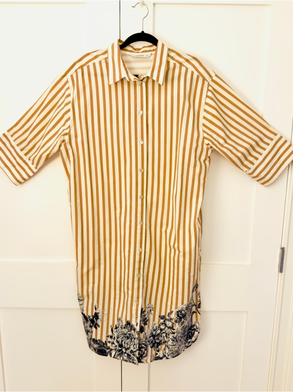 Stripe Cotton Poplin Shirt Dress; Camel/White with Black Peony Floral Border